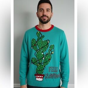 Imagin8 Feliz Navidad Cactus Ugly Christmas Holiday Sweater Large